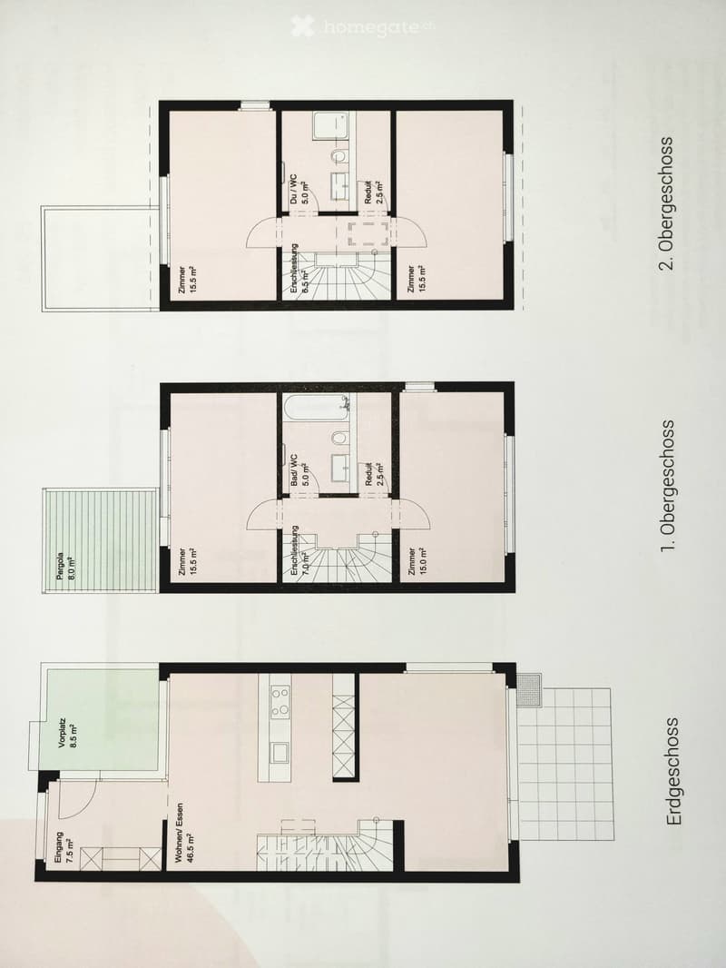 Floor plan showing three levels: ground floor with living area, dining area, entrance, and storage; first floor with bedrooms, bathroom, and hallway; second floor with additional bedrooms and bathroom.