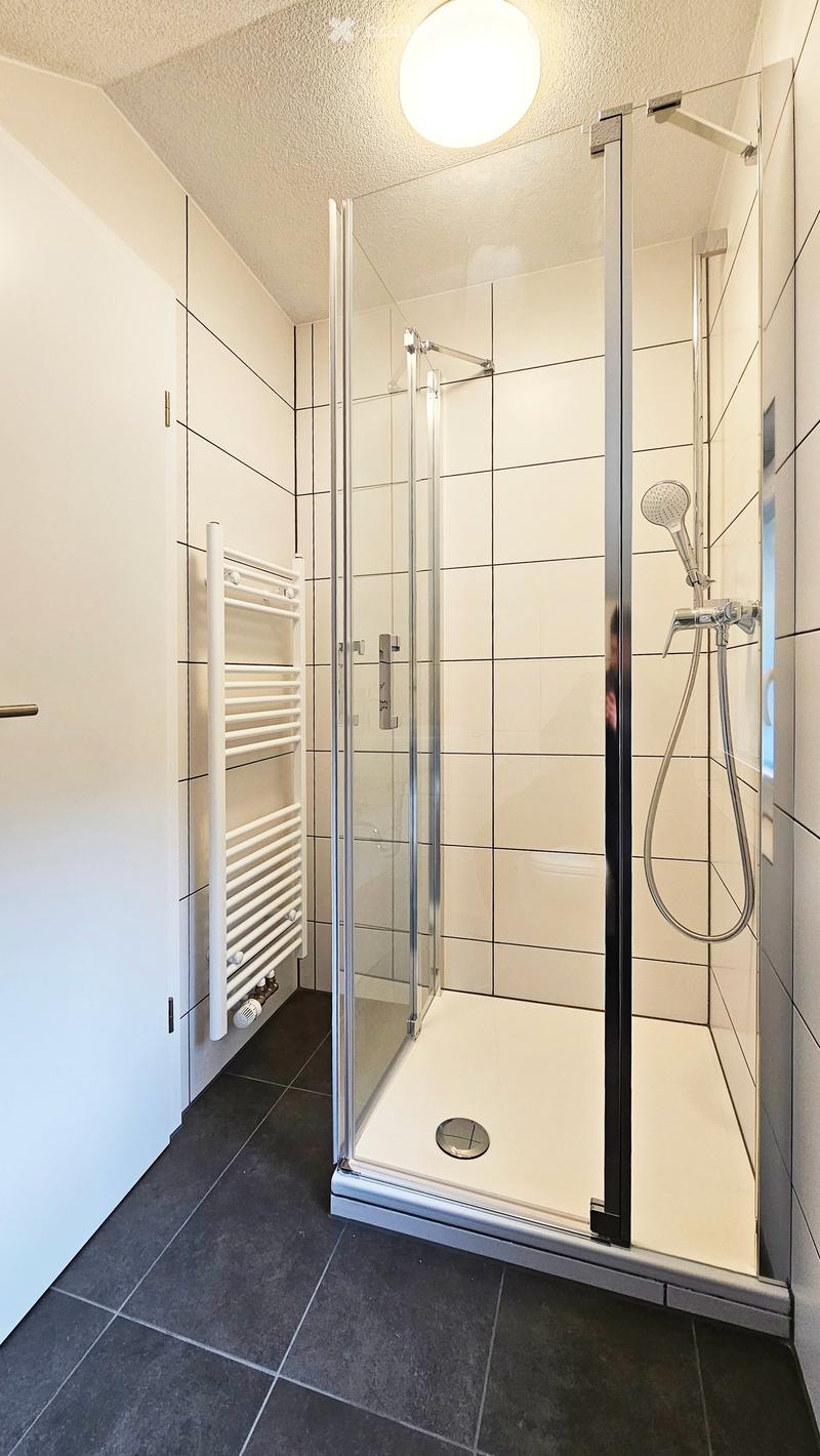 Modern bathroom with a glass-enclosed shower, a white towel rack, and a sleek showerhead.