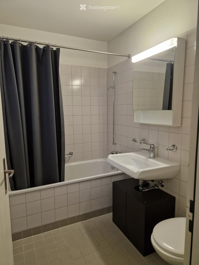 Modern bathroom with a bathtub, sink, mirror, toilet, and a dark-colored cabinet. The walls are tiled with light gray tiles and a brown accent border. A shower curtain is visible on the left side.