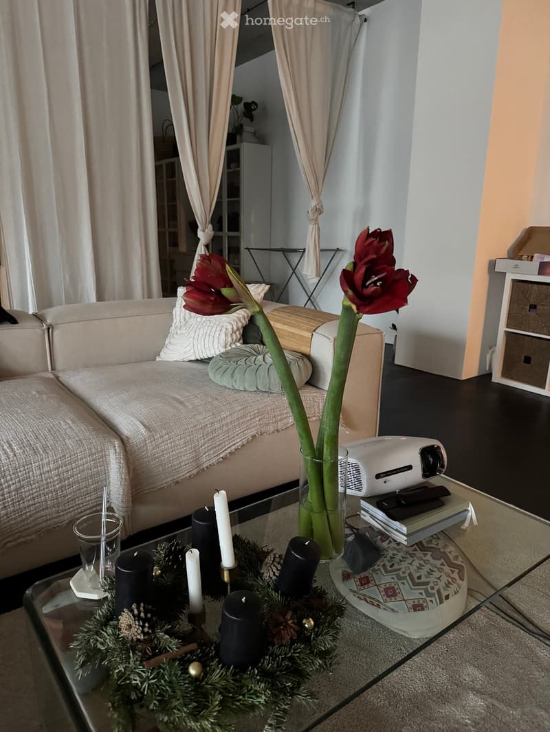 A cozy living room with a sofa, coffee table, projector, and decorative candles. A vase with red flowers sits on the coffee table, and a shelf is visible in the background.