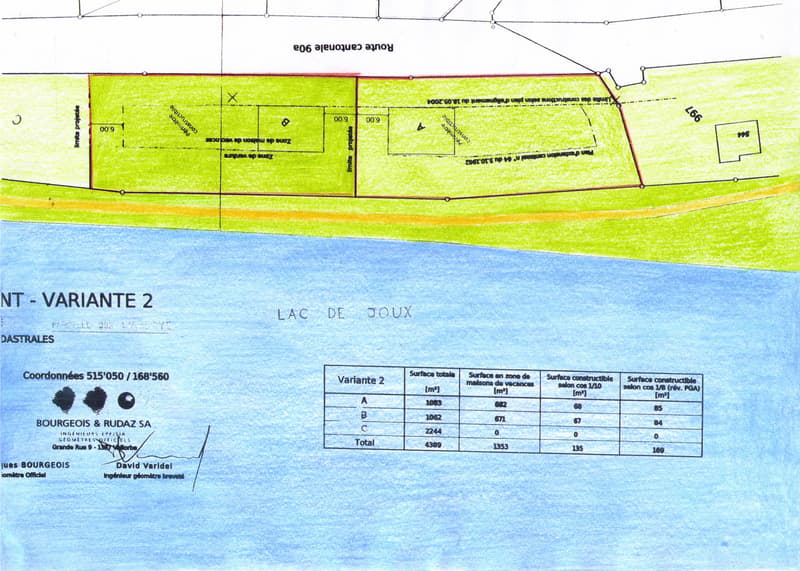 Floor plan showing a plot of land near Lac de Joux, with labeled zones, dimensions, and construction areas for vacation homes.