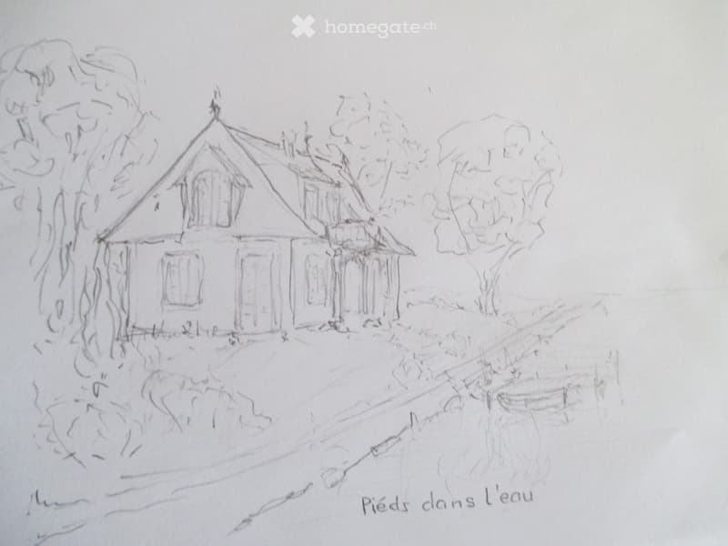 Sketch of a two-story house with a pitched roof, multiple windows, and a small porch. The house is surrounded by trees and appears to be situated near a body of water.