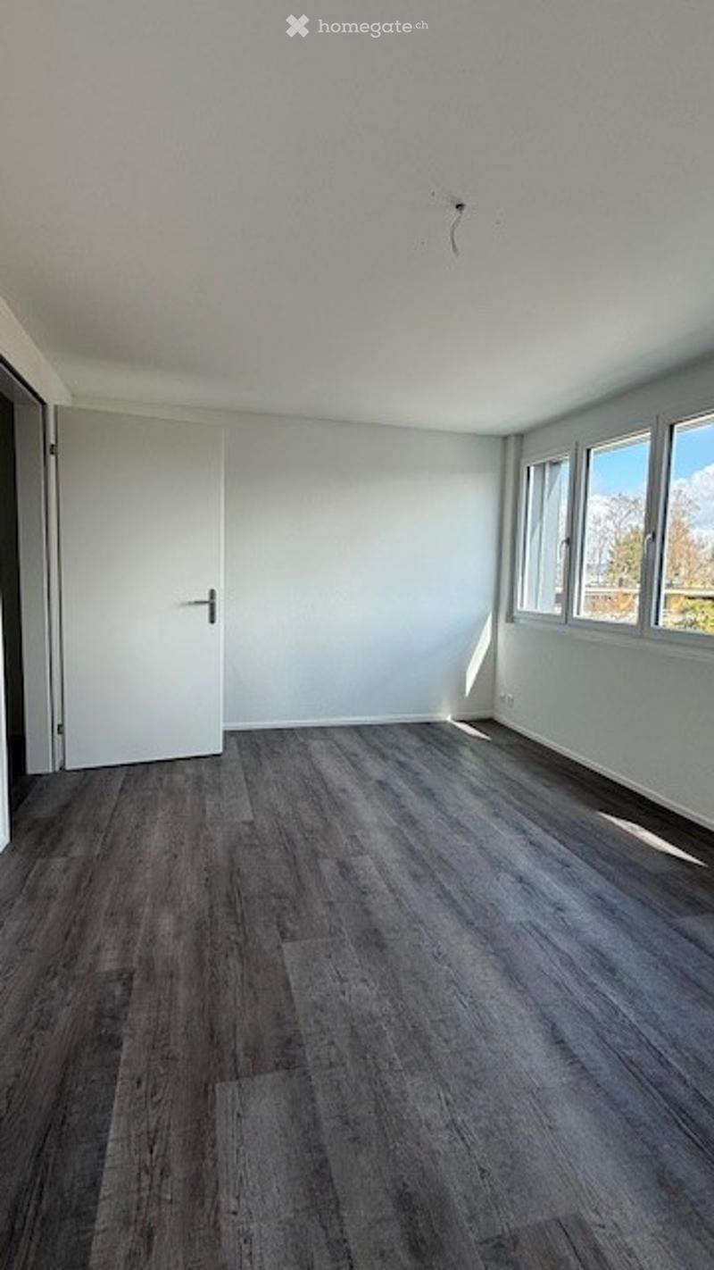 Unfurnished Room. Empty room with wooden flooring, white walls, and large windows offering a view of the mountains.