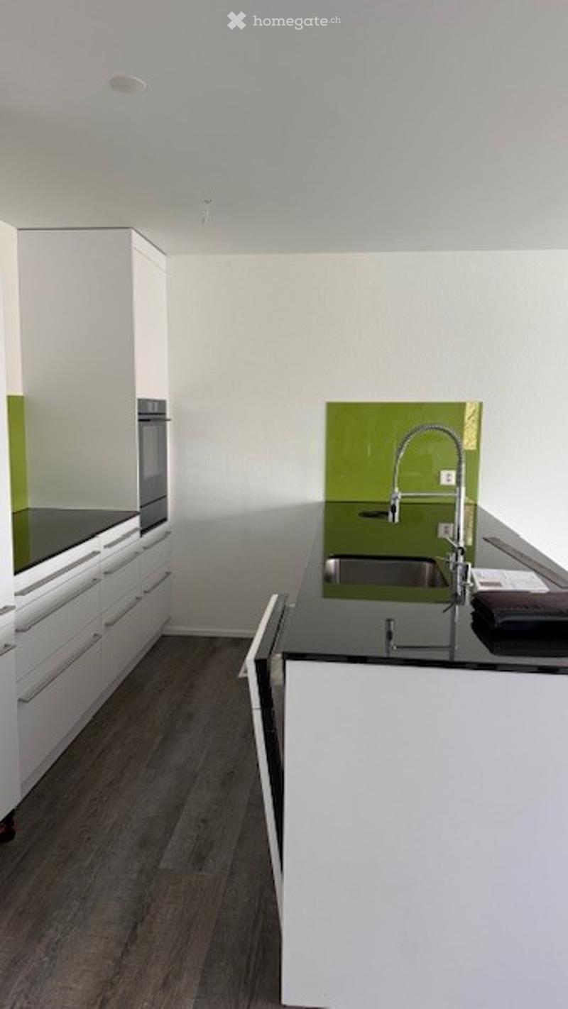 Kitchen. Modern kitchen with white cabinets, black countertops, and a stainless steel sink. Features a sleek design with a green accent wall behind the sink.