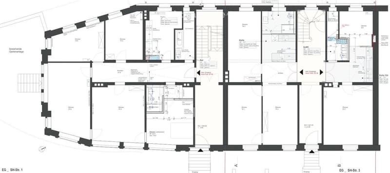 Floor plan of a multi-room residential space, including living areas, bedrooms, bathrooms, kitchen, and entrance areas.