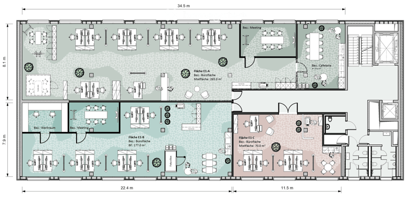 Office floor plan showing multiple workstations, meeting rooms, cafeteria, and restroom areas. Includes labeled zones for workspace, meeting, cafeteria, and restroom.