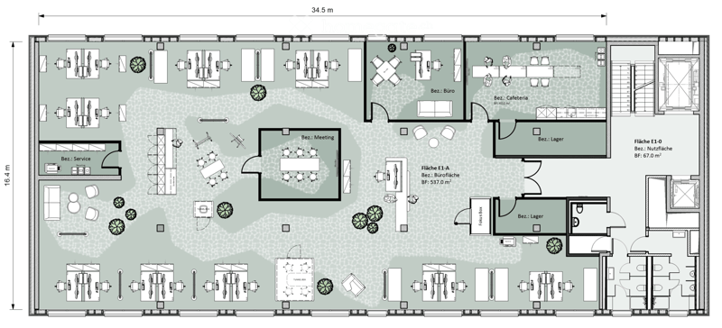 Office floor plan with multiple rooms including a cafeteria, meeting room, service area, and several office spaces. Includes seating areas, desks, and storage rooms.