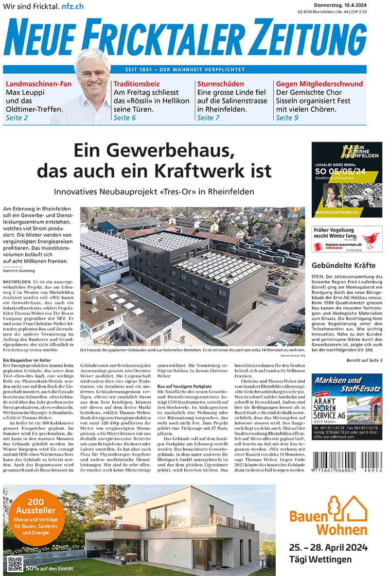 Newspaper page from Neue Fricktaler Zeitung dated April 18, 2024, featuring headlines and articles including a story about a new energy-efficient building project in Rheinfelden, with accompanying photographs of the building and solar panels.