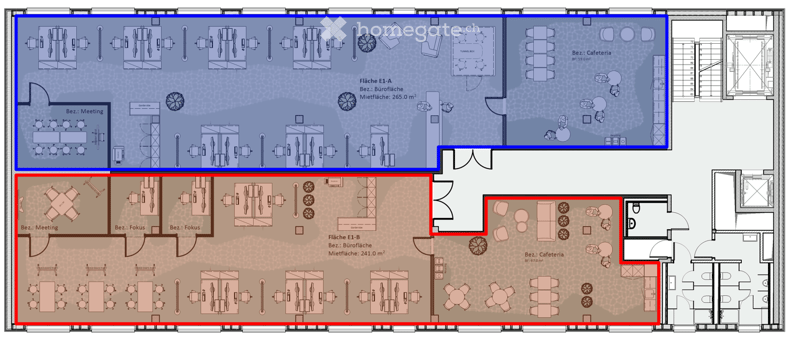 Floor plan of a commercial building with multiple rooms including offices, meeting rooms, cafeteria, and focus areas. Layout includes desks, chairs, tables, and various office equipment.