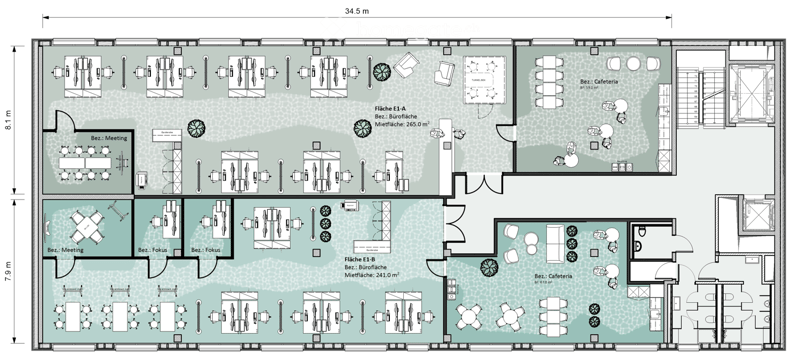 Floor plan of a commercial space with multiple meeting rooms, focus areas, cafeteria, and office areas. Includes labeled zones such as E1-A, E1-B, and E1-C.