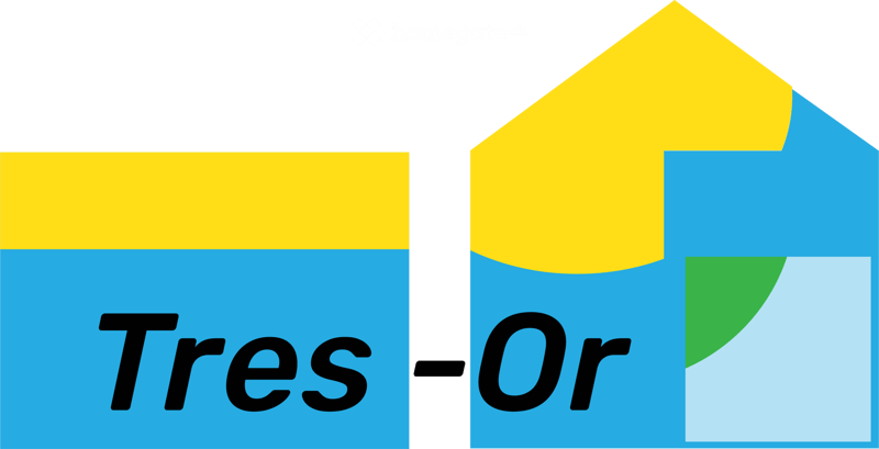 Abstract graphic design featuring the word "Tres" and "Or" in bold black text on a blue background with yellow and green accents.