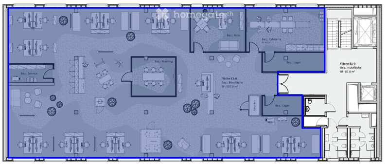 Floor plan of a commercial building with multiple rooms including offices, meeting rooms, cafeteria, service area, and storage. Layout includes desks, chairs, and various furniture arrangements.