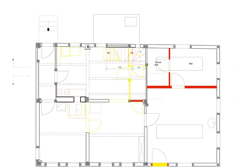 Floor plan of a residential space featuring a living area, kitchen, bedroom, and bathroom. Includes labeled dimensions and technical details.
