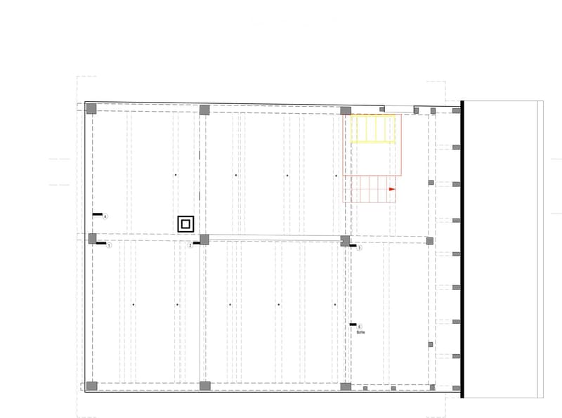 Layout of a room with labeled areas: 1, 2, 3, 4, 5, and 6. Includes a small red square and a yellow rectangle in the upper right corner.