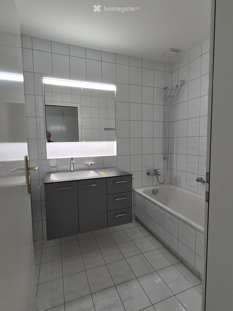 Modern bathroom with grey tiled walls and floor, featuring a sink with a mirror, a bathtub, and a modern cabinet.