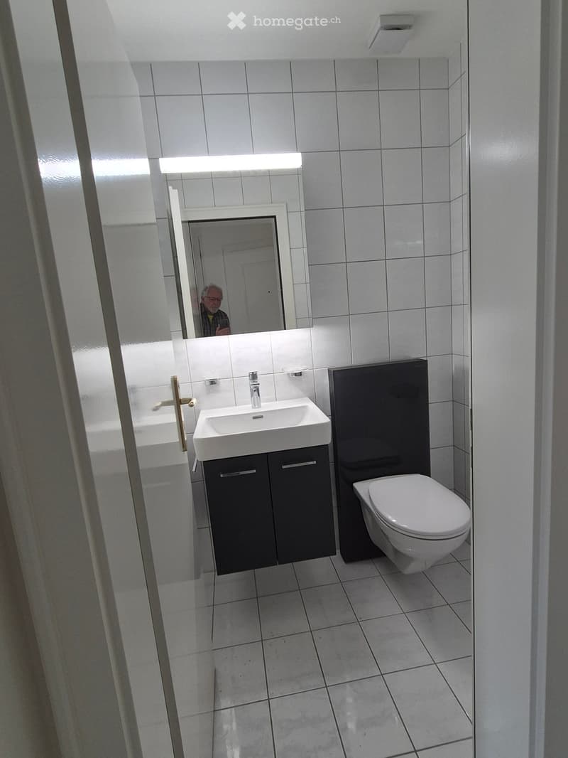 Modern bathroom with white tiles, a white sink with a dark cabinet, a toilet, and a large mirror above the sink.