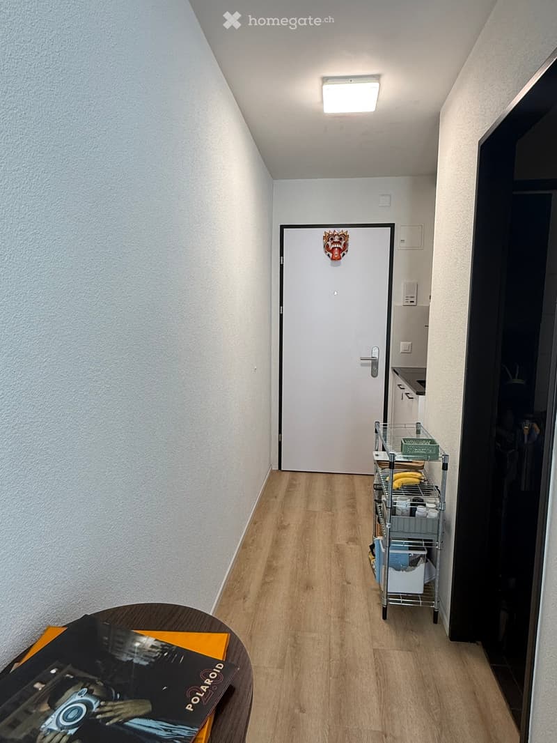 A narrow hallway with light wooden flooring, white walls, and a closed door at the end. A small round table with a magazine and a metal shelf with bananas and other items are visible.