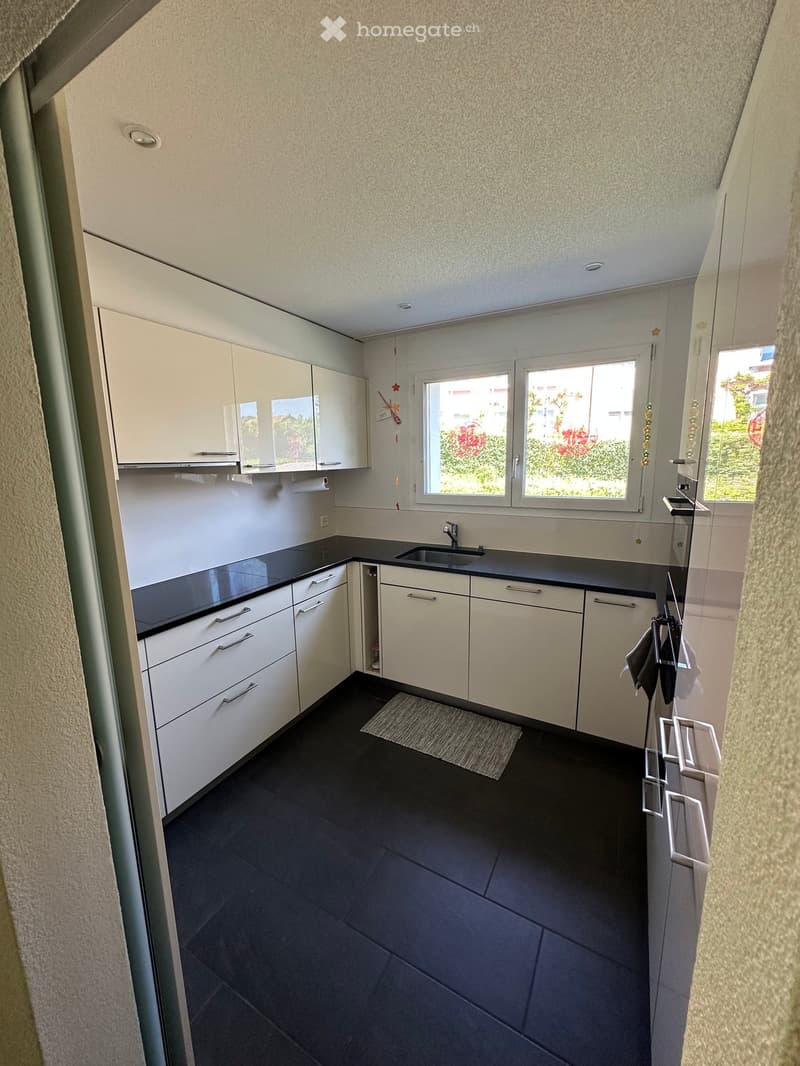Modern kitchen with white cabinets, black countertops, and a dark tiled floor. Features a sink with a faucet, a small rug, and a window overlooking a garden.