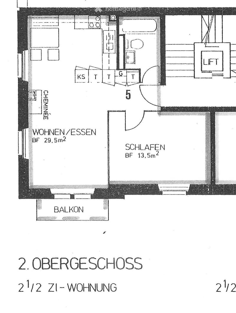 Floor plan of a 2.5-room apartment on the second floor, including a living/dining area (29.5 m²), a bedroom (13.5 m²), a balcony, and a staircase leading to the upper level.
