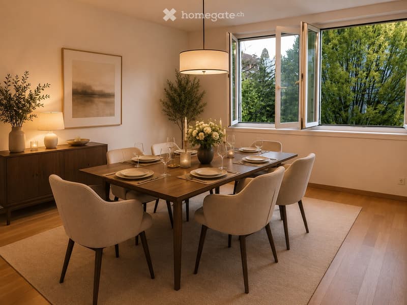 Elegant dining room with a wooden dining table set for six, surrounded by modern chairs, a pendant light, and a sideboard with decorative items and a vase of flowers. Large windows offer a view of greenery outside.