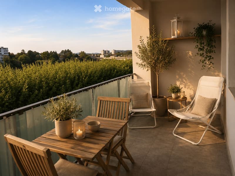 Balcony with wooden table, chairs, potted plants, and candles, overlooking a cityscape.