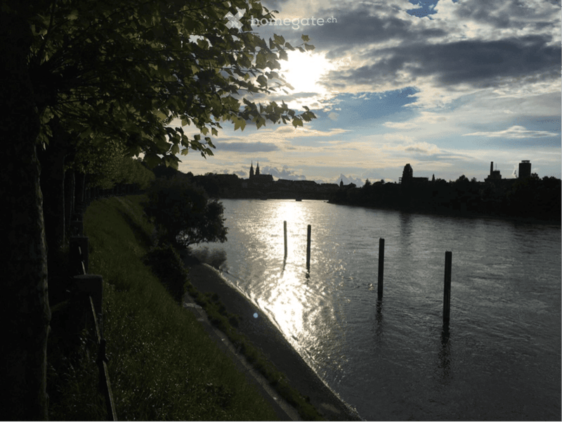 A serene riverside scene with calm water reflecting the setting sun, surrounded by trees and distant cityscape.