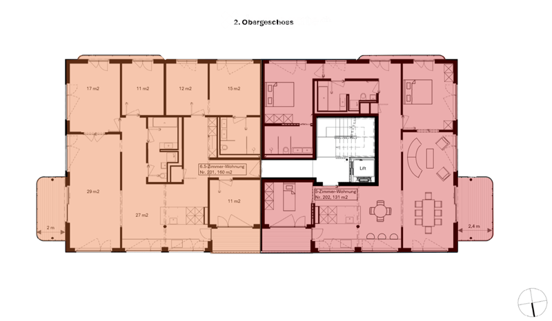 Floor plan of the second upper floor showing two apartments: a 5.5-room apartment (201, 160 m²) and a 5-room apartment (202, 131 m²), including a lift and various room dimensions.