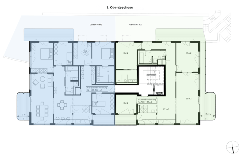 Floor plan of the first upper floor showing two apartments: a 5.5-room apartment (160 m²) and a 5-room apartment (131 m²), along with two garden areas (58 m² and 41 m²).