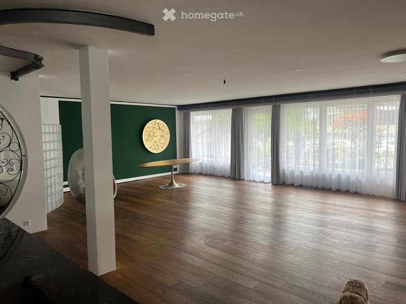 Open-plan room with wooden flooring, large windows with white curtains, a central table, a decorative wall sculpture, and a mirror on the left side.