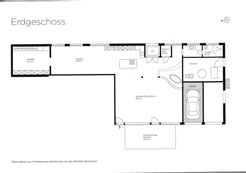 Ground floor floor plan showing living/dining/kitchen area, bedrooms, bathrooms, garage, and utility spaces.