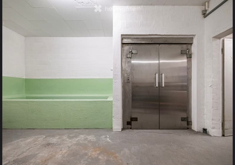 Empty room with white and green painted walls, a concrete floor, and a large metal door with silver handles.
