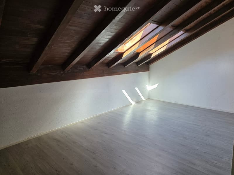 Empty room with wooden floor and white walls, featuring a skylight window in the ceiling allowing natural light to enter.