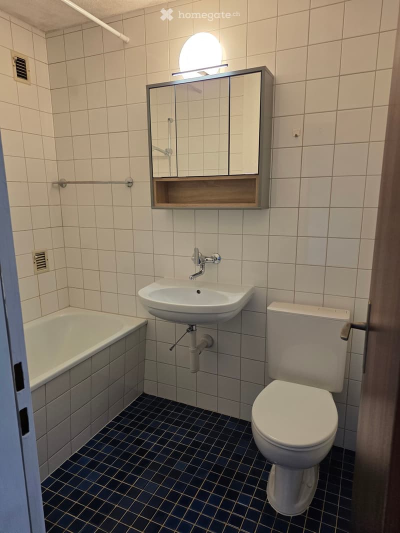 Modern bathroom with white tiles, a bathtub, a toilet, a sink, and a mirror with a built-in shelf.