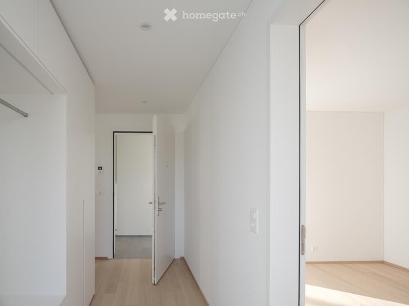Modern, minimalist hallway with white walls, light wooden flooring, and recessed ceiling lighting. Features a closed door and an open doorway leading to another room.