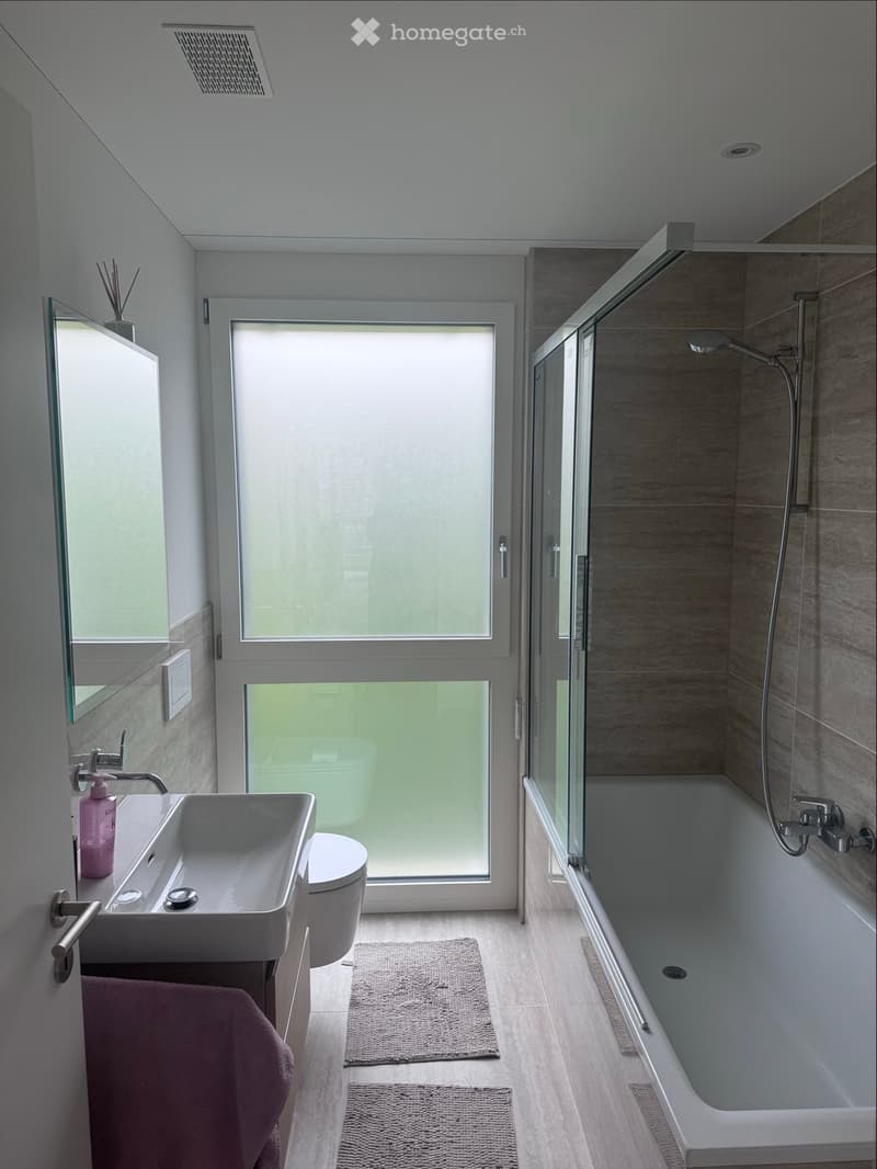 Modern bathroom with a large window, a white sink, a bathtub with a glass shower enclosure, a toilet, and a mirror. The floor is light wood, and there are two small rugs in front of the sink and bathtub.