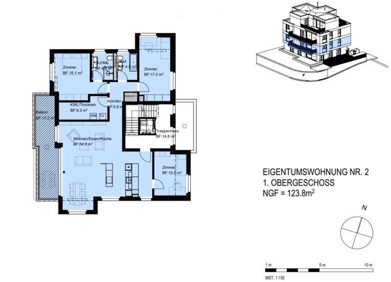 Floor plan of a 123.8 m² apartment on the first upper floor, including living/dining/kitchen area, three bedrooms, bathroom, hallway, and staircase.
