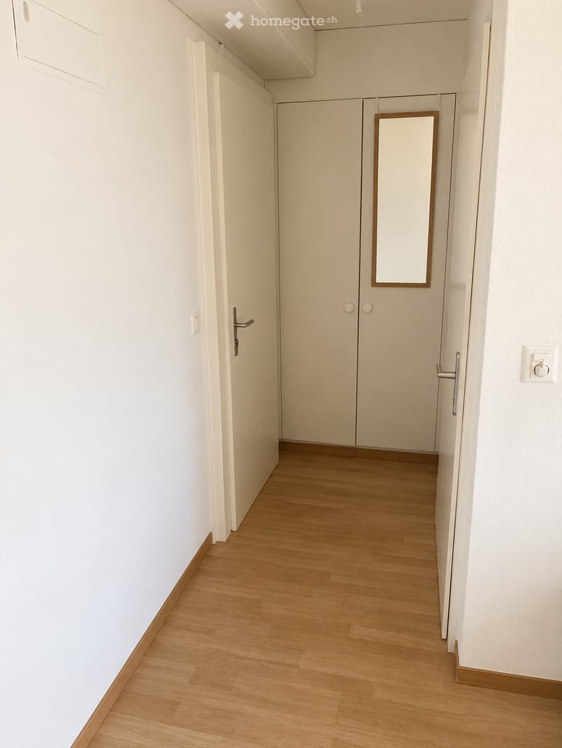A clean, minimalist hallway with light wooden flooring, white walls, and several closed white doors. A small mirror is mounted on one wall.