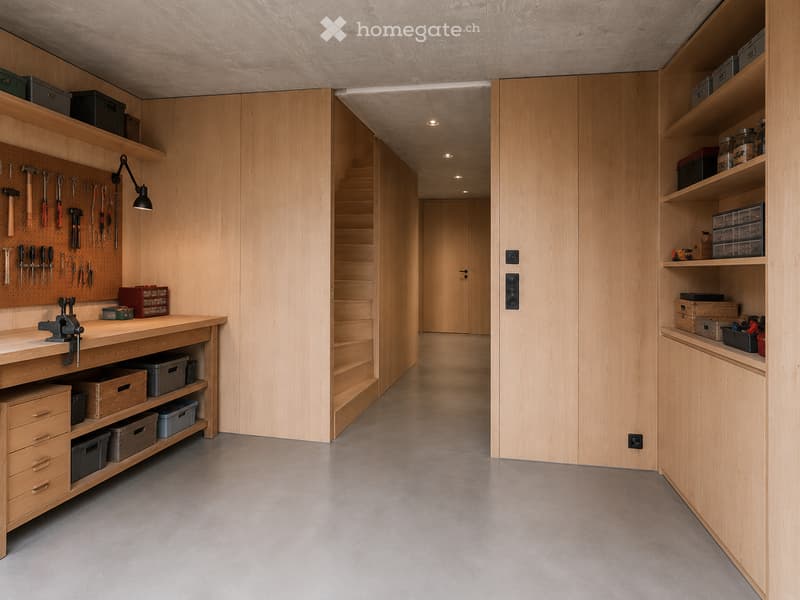 A modern, well-organized workshop with a wooden workbench, tool wall, shelves, and storage boxes.