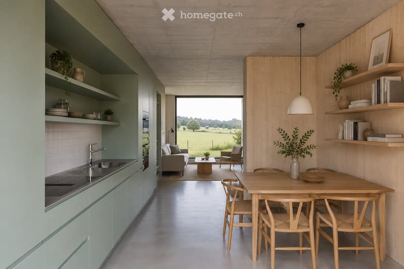 Open-plan kitchen and living area with modern, light green cabinets, a central dining table with chairs, a sofa, and armchairs. Shelves hold books and decorative items, with a view of a green field through large windows.