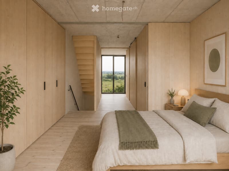 Minimalist bedroom with light wood walls and ceiling, a large bed with white bedding and green throw, a nightstand with a lamp, a potted plant, and a framed picture on the wall. A staircase leads to another level with a view of a green landscape.