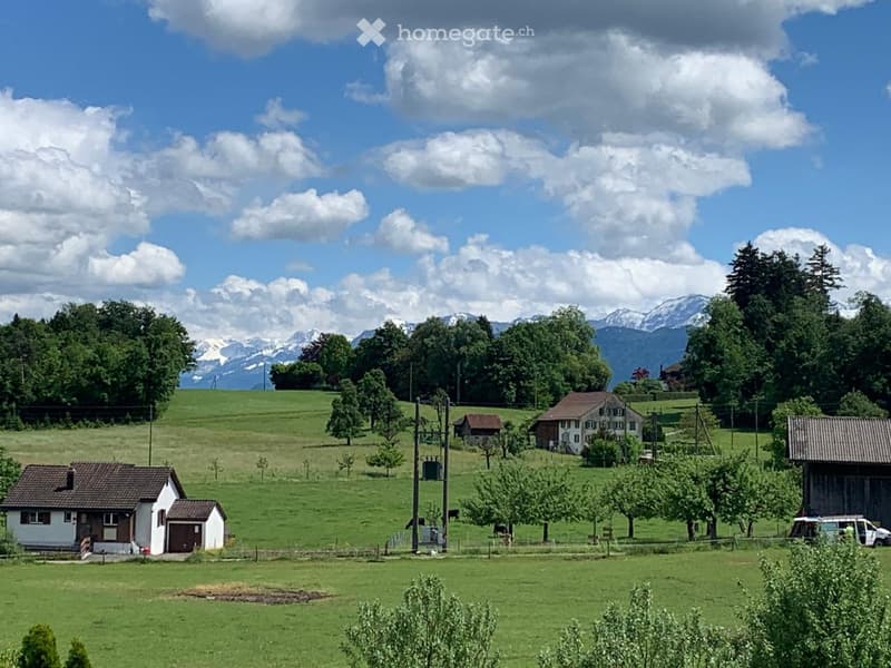 A peaceful rural landscape with green fields, scattered trees, and several small houses. The background features snow-capped mountains under a partly cloudy sky.