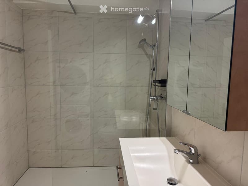 Modern bathroom with a bathtub, glass-enclosed shower, marble tiles, and a large mirror.