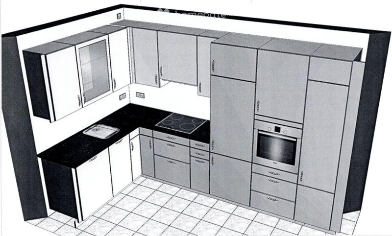 Layout of a modern kitchen with grey cabinets, black countertops, and built-in appliances including a stove and oven.