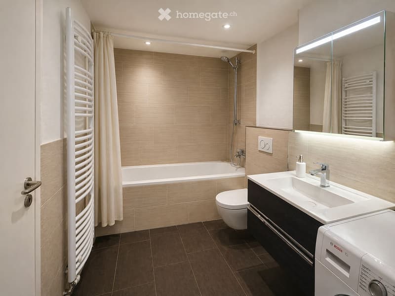 Modern bathroom with a bathtub, toilet, sink, mirror, and a washing machine. Features include a towel rack, a showerhead, and a sleek vanity with a modern faucet.