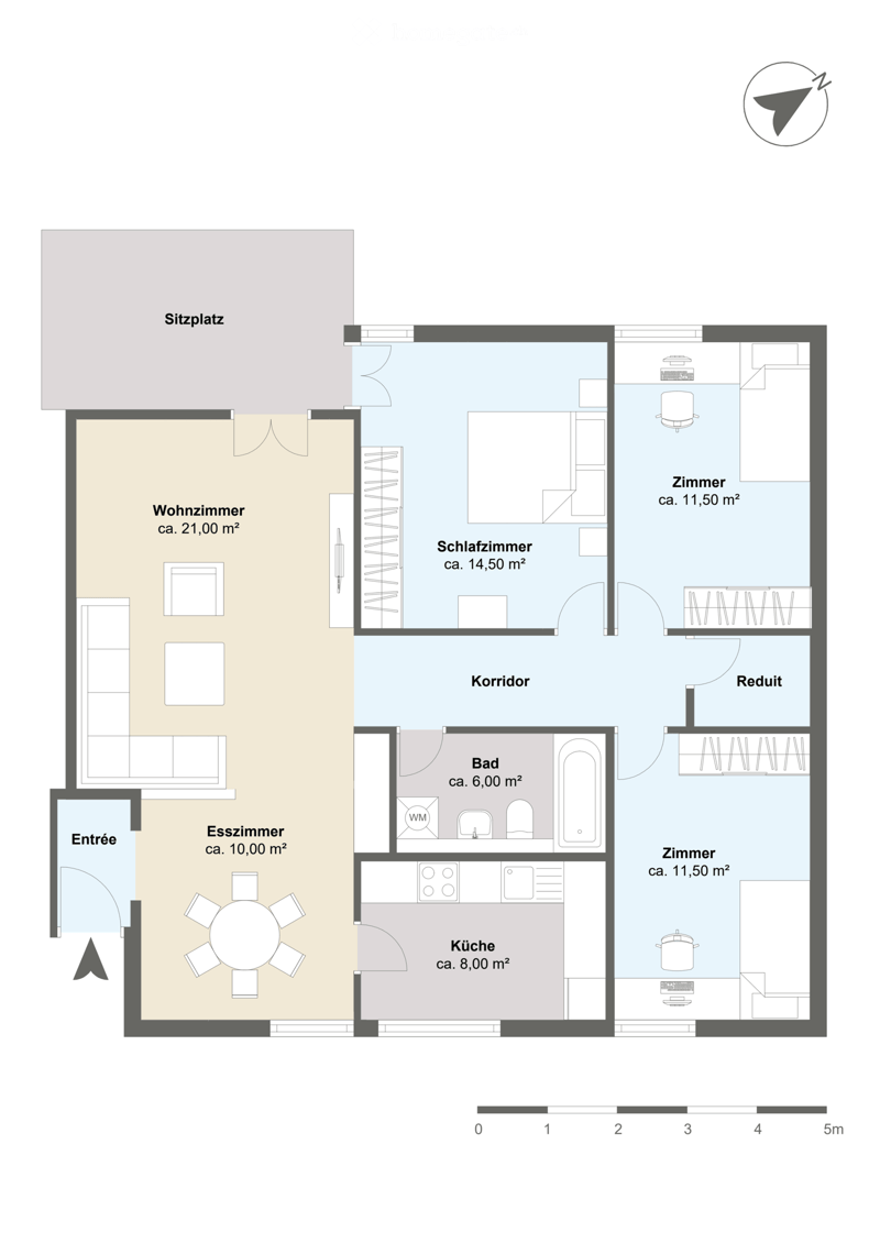 Floor plan of a 2-room apartment with a living room, bedroom, bathroom, kitchen, dining room, hallway, and sitting area.