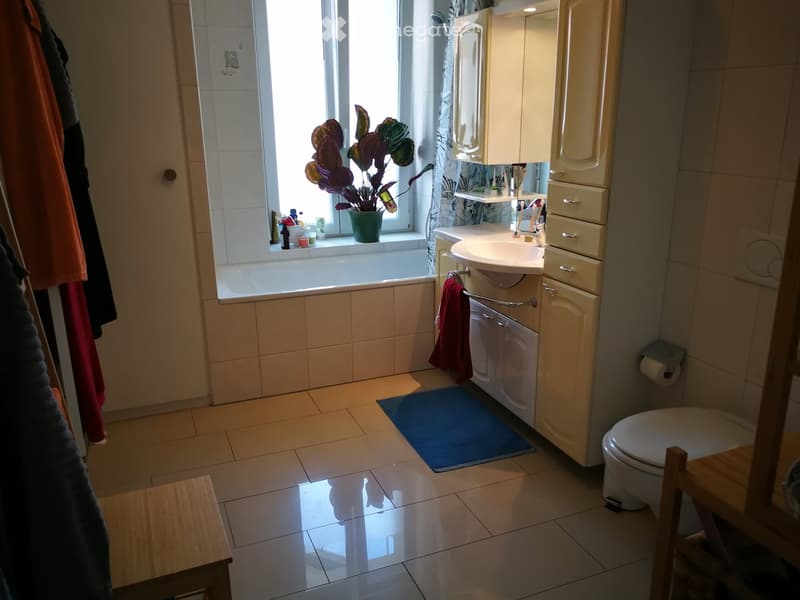 Bright bathroom with a bathtub, sink, toilet, and cabinet. Features a window with a plant on the sill, a towel hanging on a rack, and a blue bath mat on the floor.