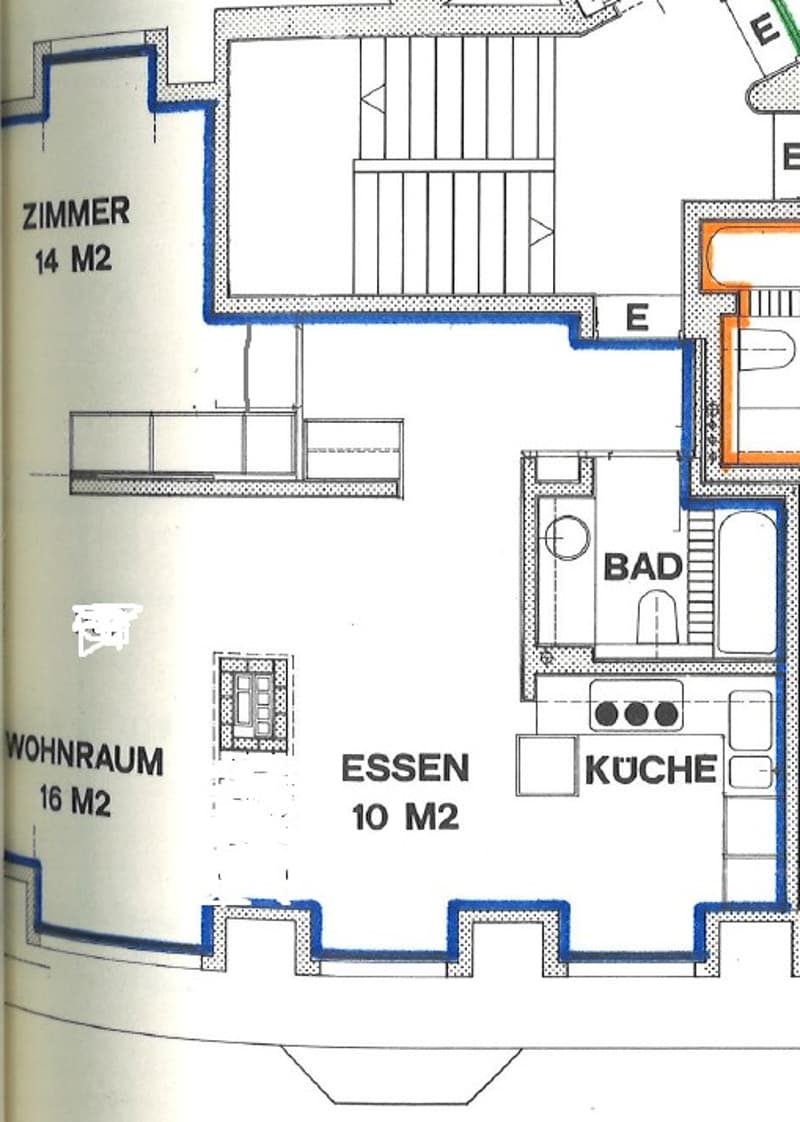 Floor Plan. Floor plan with a living room, dining area, kitchen, bathroom, and a bedroom.