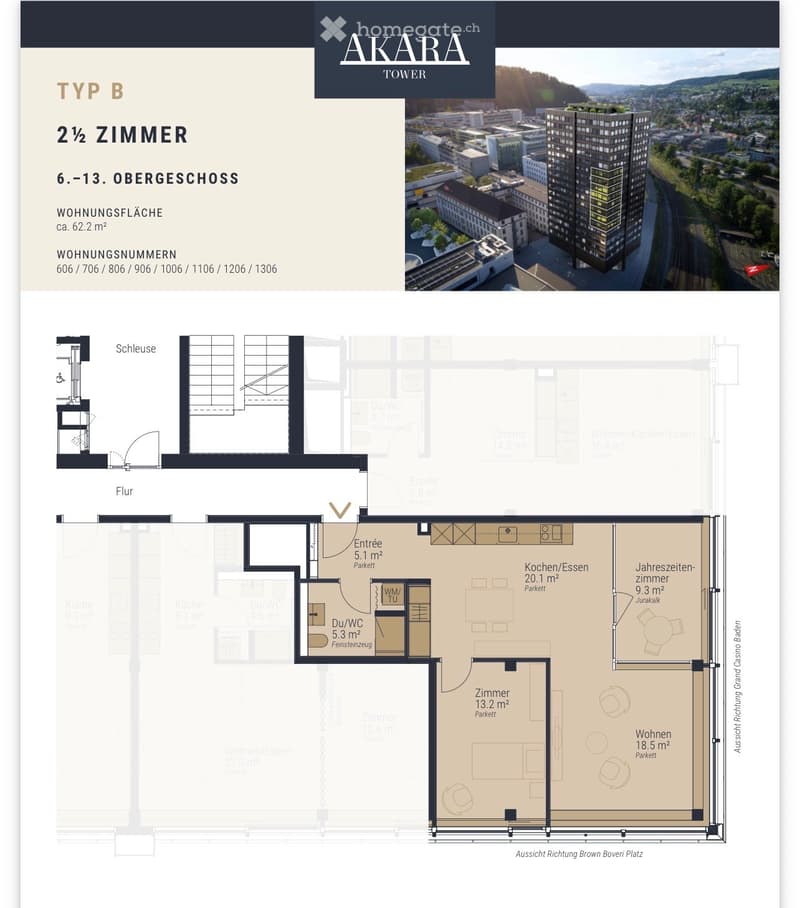 Floor plan of a 2.5-room apartment on floors 6-13, including entrance, kitchen, living/dining area, bedroom, and bathroom.