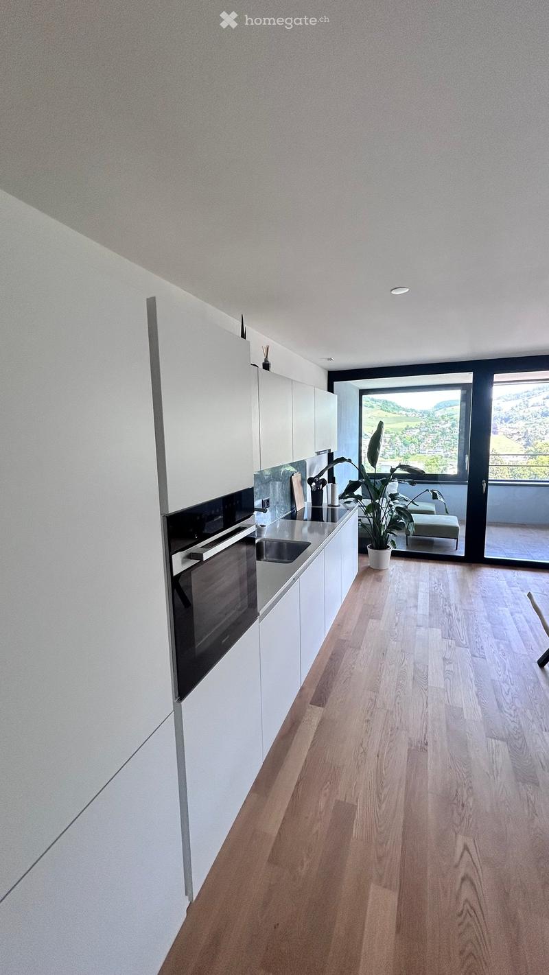 Modern kitchen with white cabinets, wooden flooring, and a view through large windows.