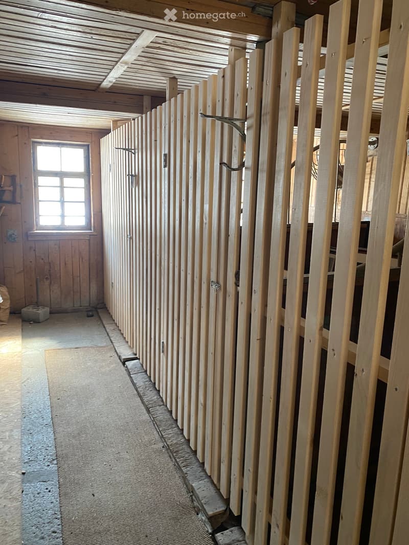 Empty wooden-framed corridor with exposed beams, unfinished walls, and a concrete floor.